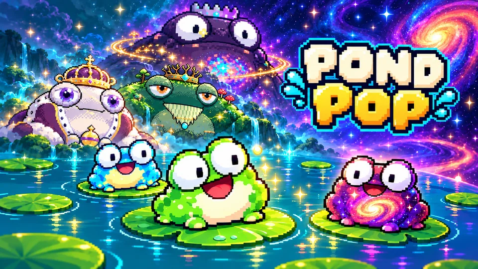 Pond Pop cover: pixel-art frogs on lily pads under a starry sky, with a giant crowned frog