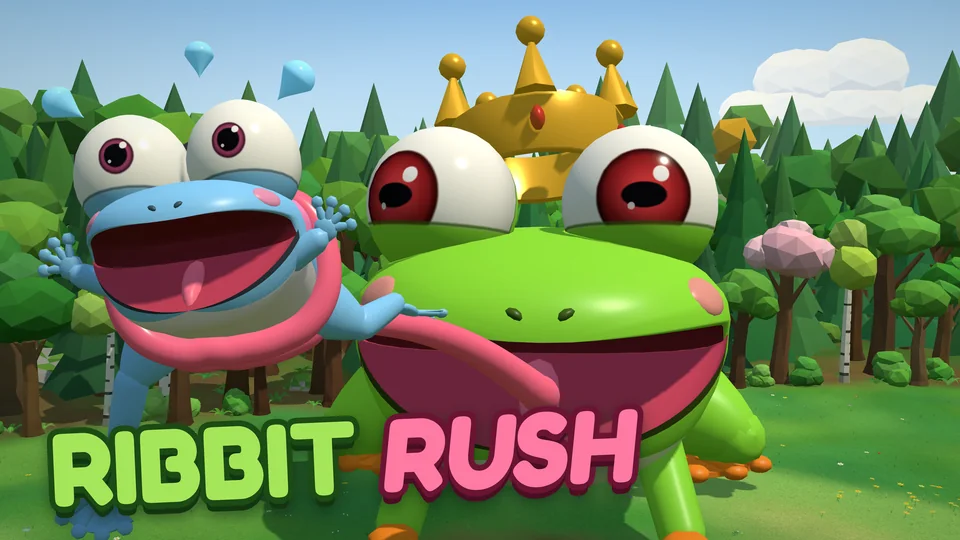 Ribbit Rush cover: a crowned green frog grabs a screaming blue frog with its tongue